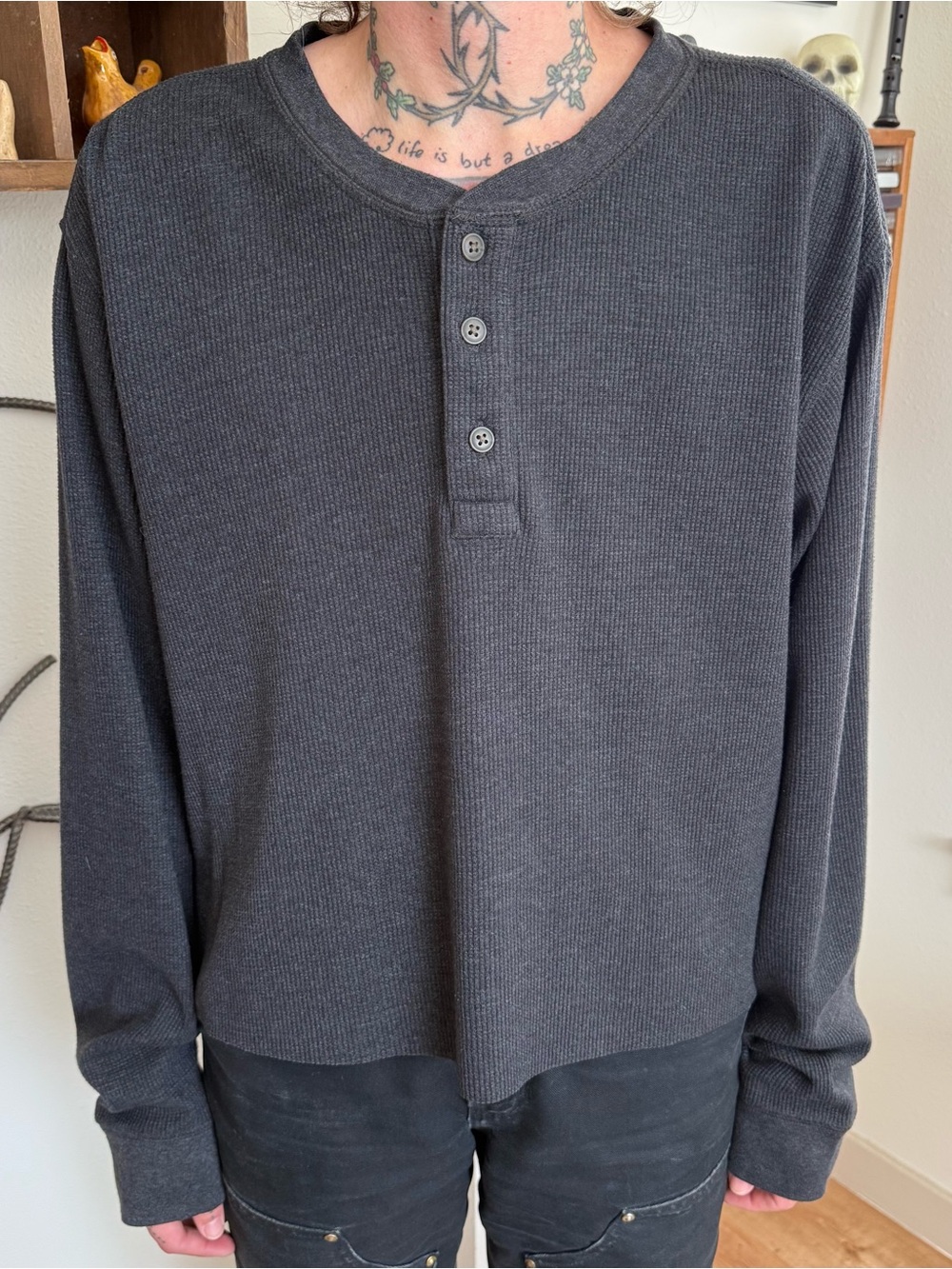 Vintage 90s Y2K Gray Henley Waffle Thermal Gorpcore Grunge ~ Size XXL